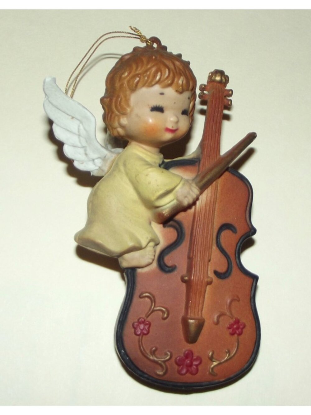 Vintage Christmas Ornament Angel Cello Violin Hard Plastic Hong Kong 4”